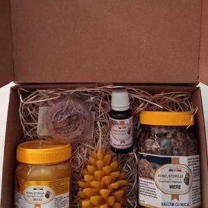 Cutia CADOU (Miere salcâm cu nucă, miere floarea soarelui, lumânare naturală, propolis, săpun cacao și mentă)